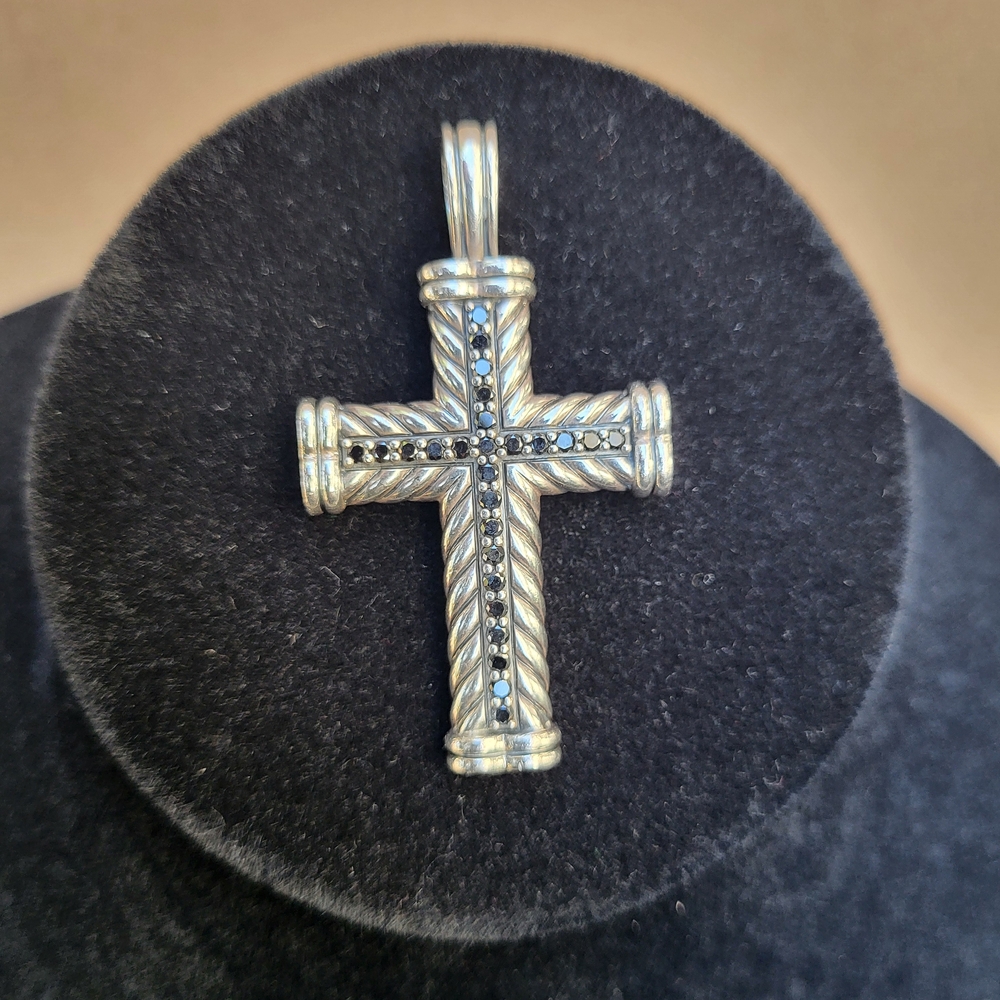 Men's DY Chevron Cross In Stylish Silver With Black Diamond. Have Pouch. #74